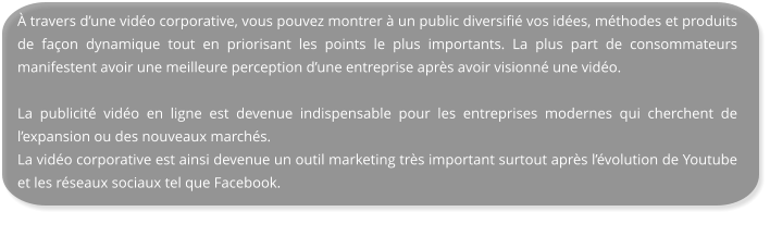 À travers d’une vidéo corporative, vous pouvez montrer à un public diversifié vos idées, méthodes et produits de façon dynamique tout en priorisant les points le plus importants. La plus part de consommateurs manifestent avoir une meilleure perception d’une entreprise après avoir visionné une vidéo.  La publicité vidéo en ligne est devenue indispensable pour les entreprises modernes qui cherchent de l’expansion ou des nouveaux marchés. La vidéo corporative est ainsi devenue un outil marketing très important surtout après l’évolution de Youtube et les réseaux sociaux tel que Facebook.